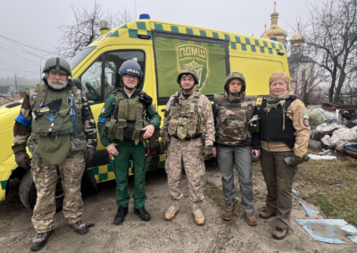 April 2022 in Irpin - here you can see the rag-tag assortment of body armor that we had to use. This was an upgrade from the locally made plate carriers we used before which had heavy 1/4 inch thick sheets of steel in them. Later we obtained proper armor up to level 4 (needed because the Russians are using armor piercing .762 rounds).