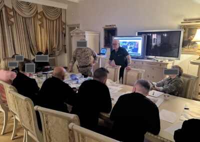 In this photo, Solent Medical Skills runs a 3 day course for PFVMH doctors and surgeons to help them bridge the gap between hospital and pre-hospital environments. The unusual venue is a deserted oligarchs mansion.