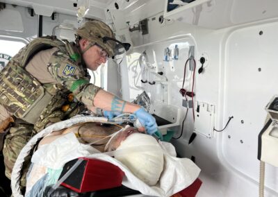 Another patient with shrapnel in the head (we had 7 like this within a week). Here he is sedated and intubated for the long difficult critical transfer from Bakhmut. That is the city that experienced the longest and bloodiest battle of the war so far.