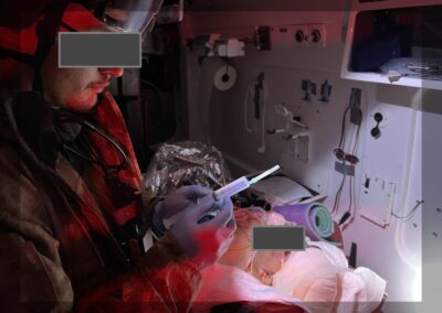 One of the Ukranian doctors we crewed with to form front line response (the doctor is an anesthetist). Here he is administering Propofol to sedate a patient with shrapnel in his head.